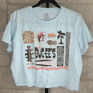 BUC-EE’S Women’s Size Large Crop Top Short Sleeve T-Shirt Light Blue Tiki Style